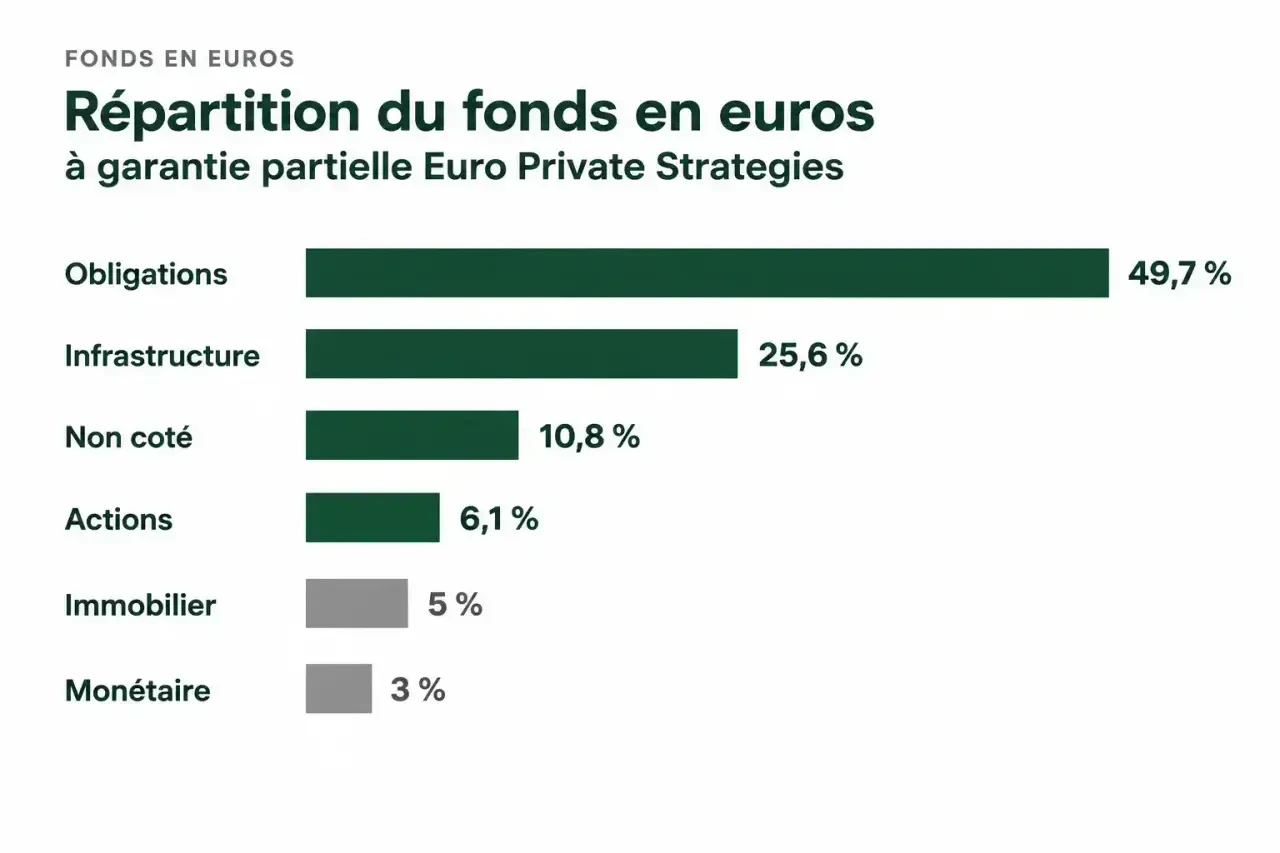 Répartition des actifs du fonds euro BNP Paribas 2024 (Euro Private Strategies) : obligations, infrastructure, non coté, actions, immobilier, monétaire
