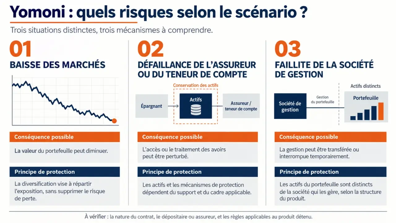 Infographie sur le danger de Yomoni et les différences entre baisse des marchés, faillite de Yomoni et défaillance de l’assureur