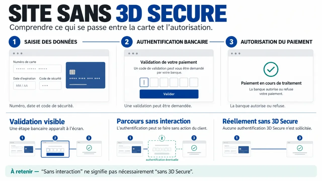 Site sans 3D Secure : schéma des étapes d’un paiement par carte et des contrôles d’authentification