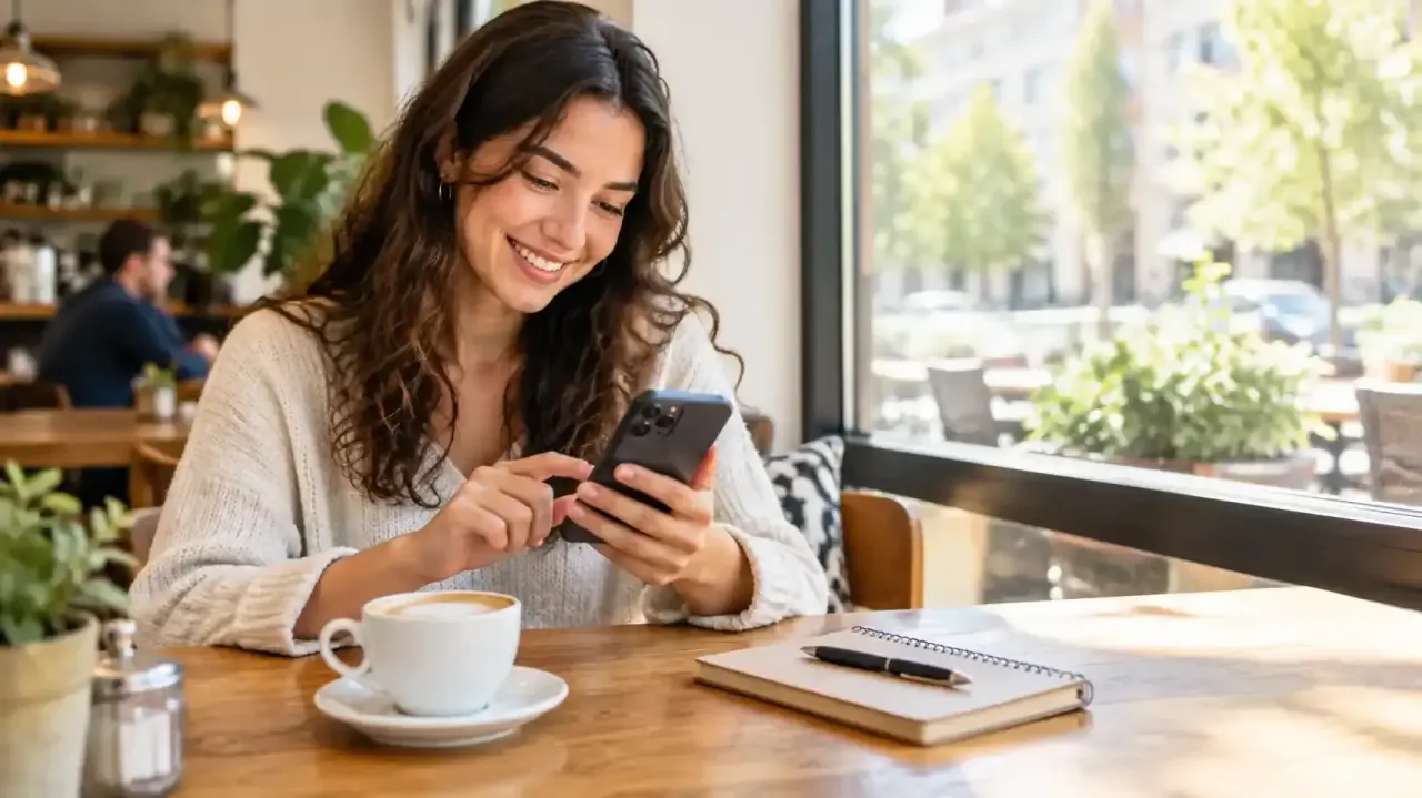 Femme consultant une application bancaire dans un café